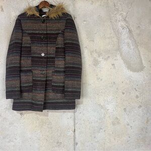 Baldi earth tone striped tweed textured faux fur hooded coat small